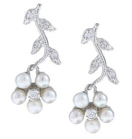 CLAD-2268H SS PEARL FLOWERS W/CZ LEAF EARRINGS