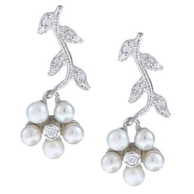 CLAD-2268H SS PEARL FLOWERS W/CZ LEAF EARRINGS