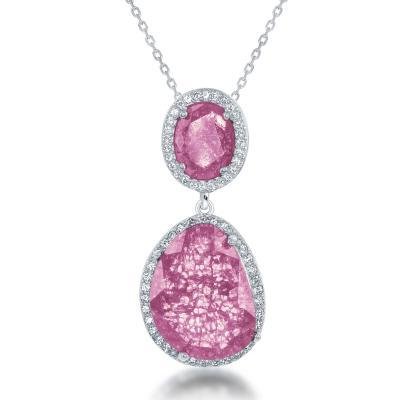 Sterling Silver Double Oval Pink Ice & CZ Pendant Set