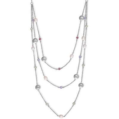 CLAM-3745H SS 18"+2" TRIPLE STRAND CZ, PEARL,CIRCLE NECK