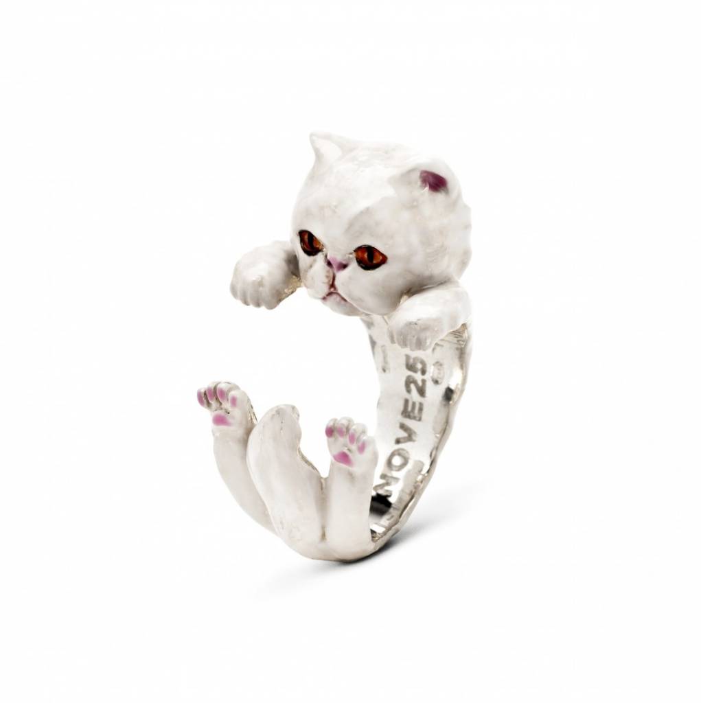 Coles of London Cat Fever White Enamel Persian Silver Hug Ring