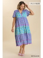 Umgee Mixed Print Short Sleeve Maxi Dress-Plus