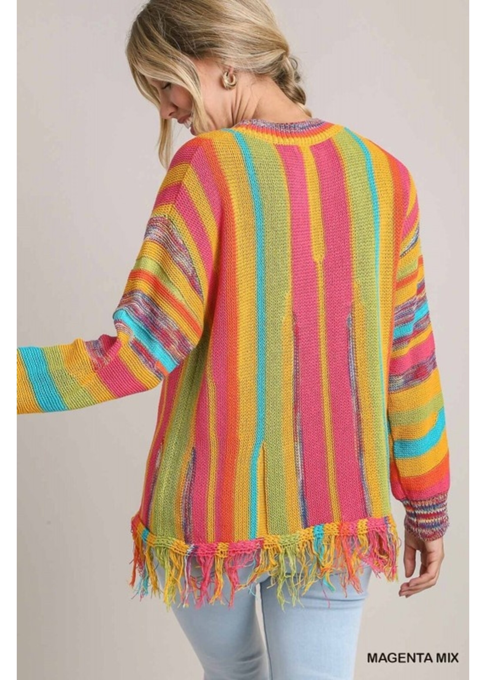 Umgee Stripe Sweater Top with Fringe Detail