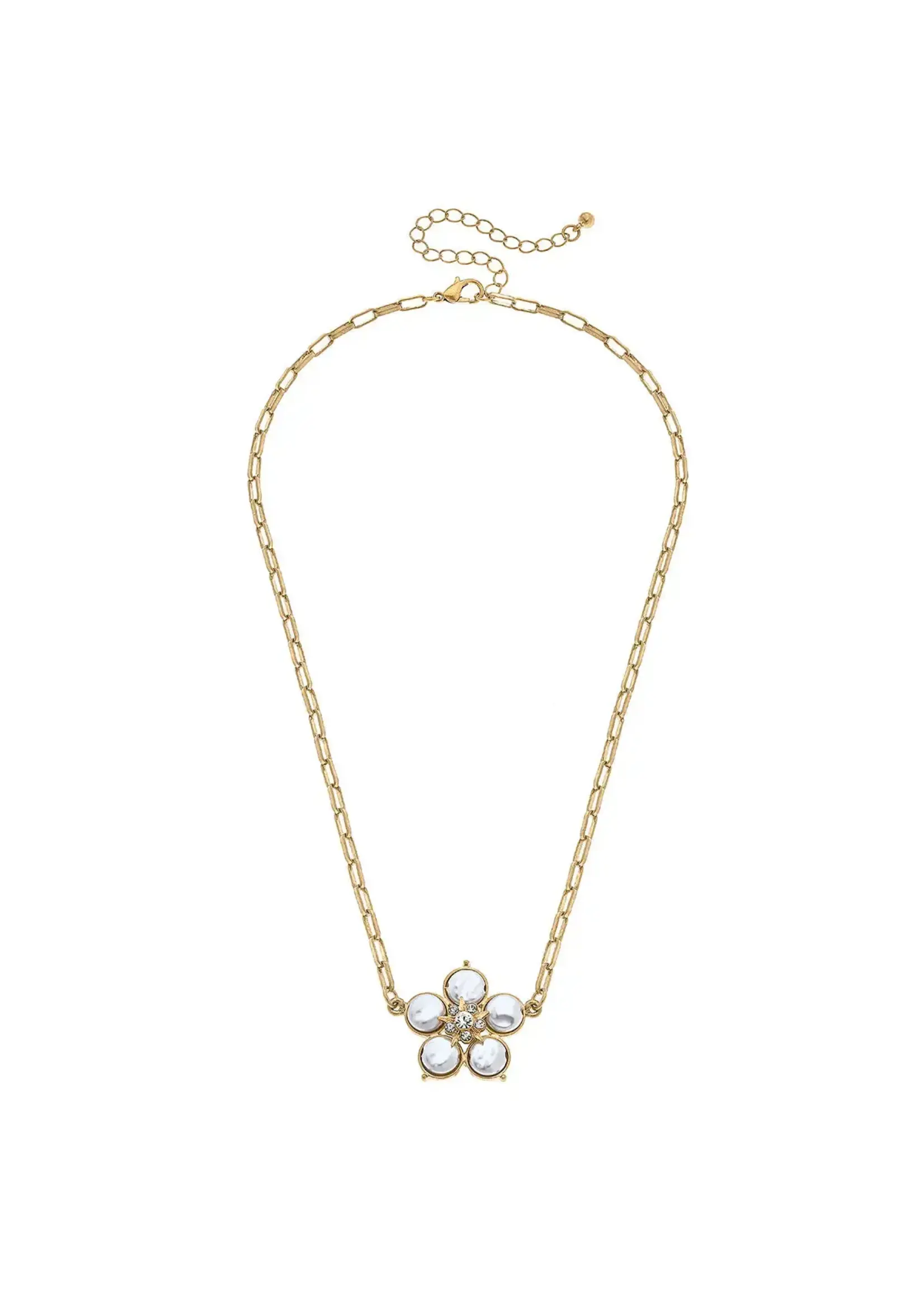 Canvas Blythe Pearl Flower Pendant Necklace in Worn Gold