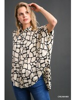 Umgee Collarded Button Down Print SS Top