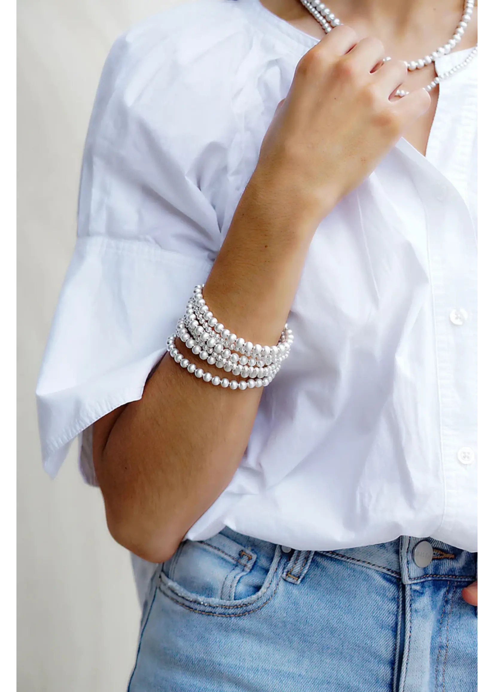 Canvas Cypress Ball Bead Stretch Bracelets (Set of 2) - Silver