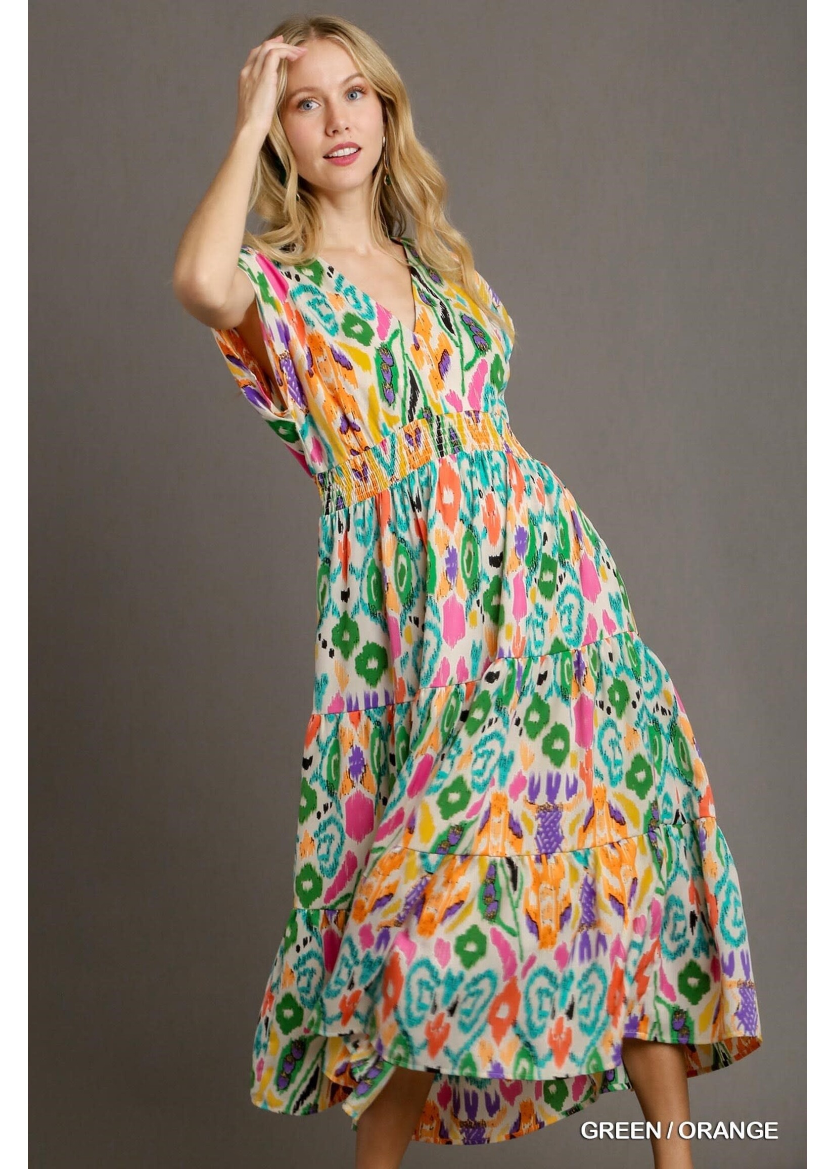 Umgee Abstract Printed Tiered Dress With Smocked Waistband