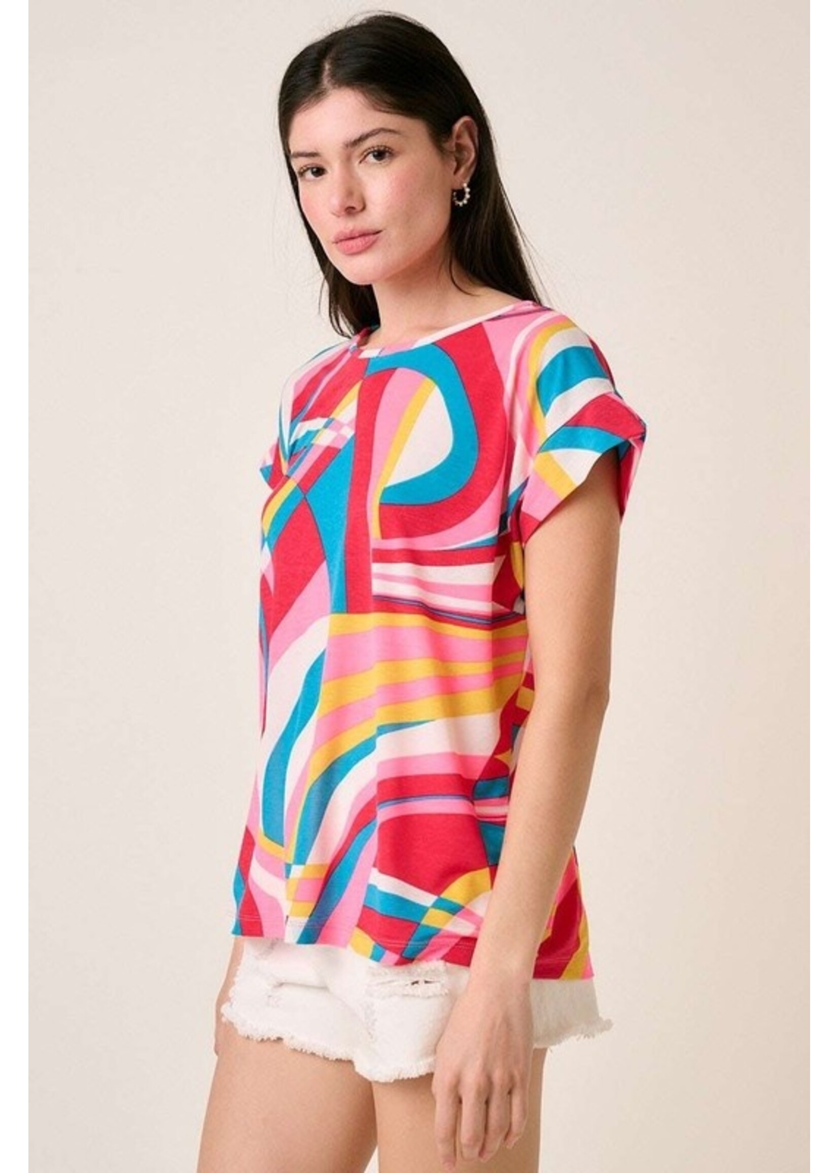 Multicolor Abstract Print Cap Sleeve Top