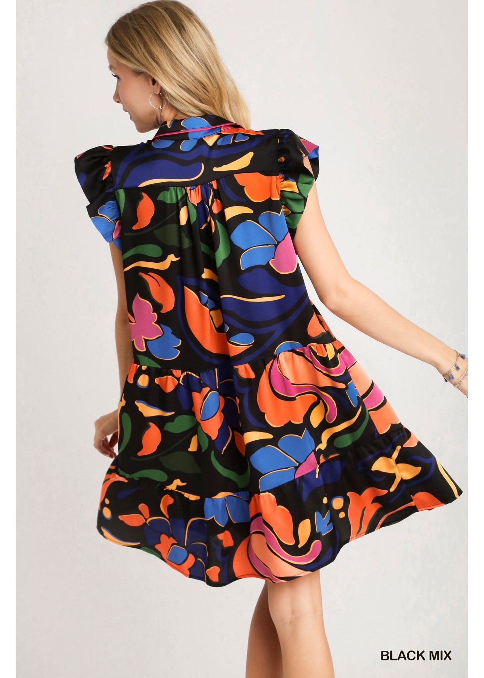 Umgee Satin Print  Dress with Flutter Sleeves