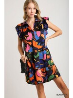 Umgee Satin Print  Dress with Flutter Sleeves