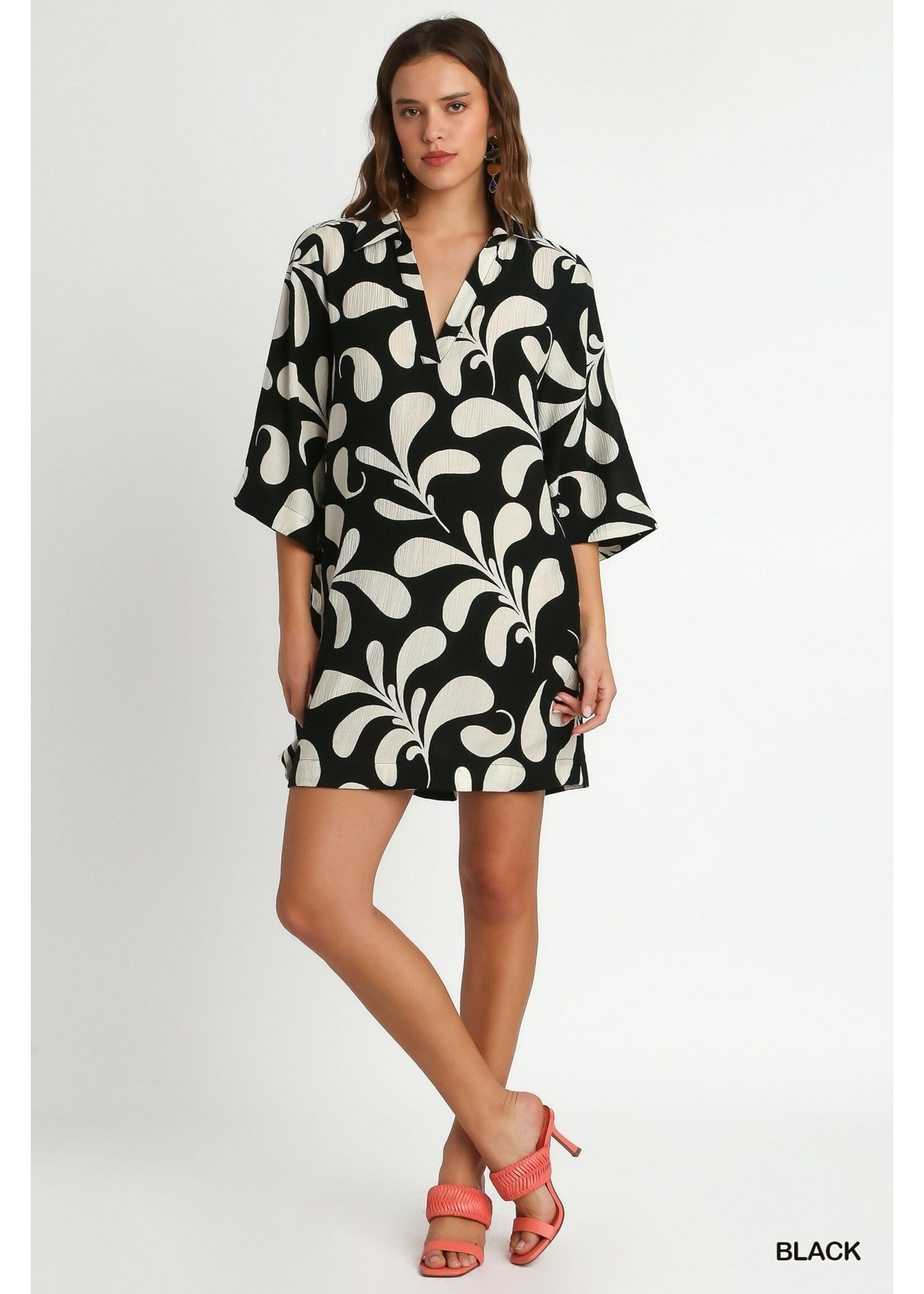 Umgee Two Tone Print Dress with 3/4 Wide Sleeves