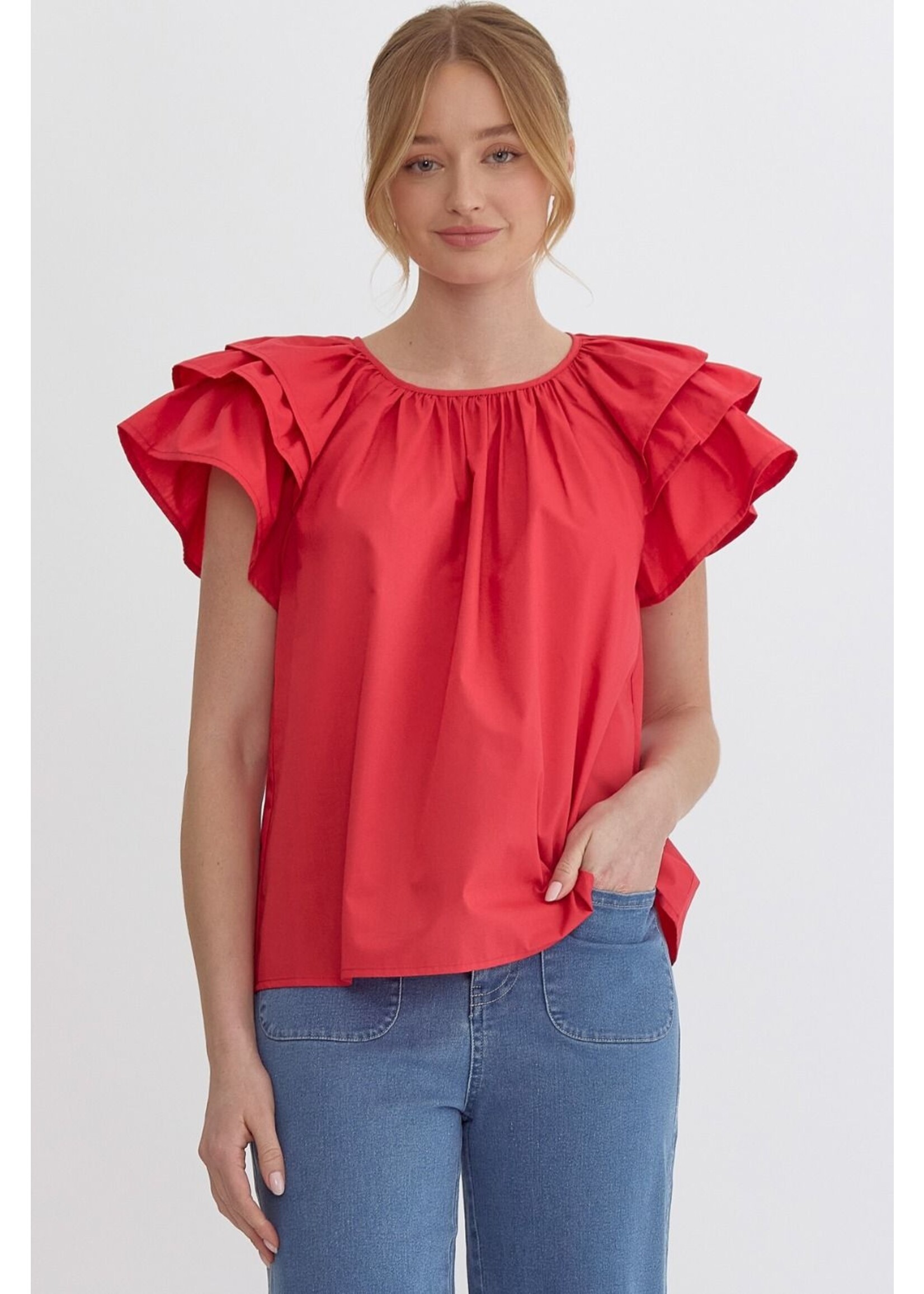 Entro Solid round neck ruffle sleeve top