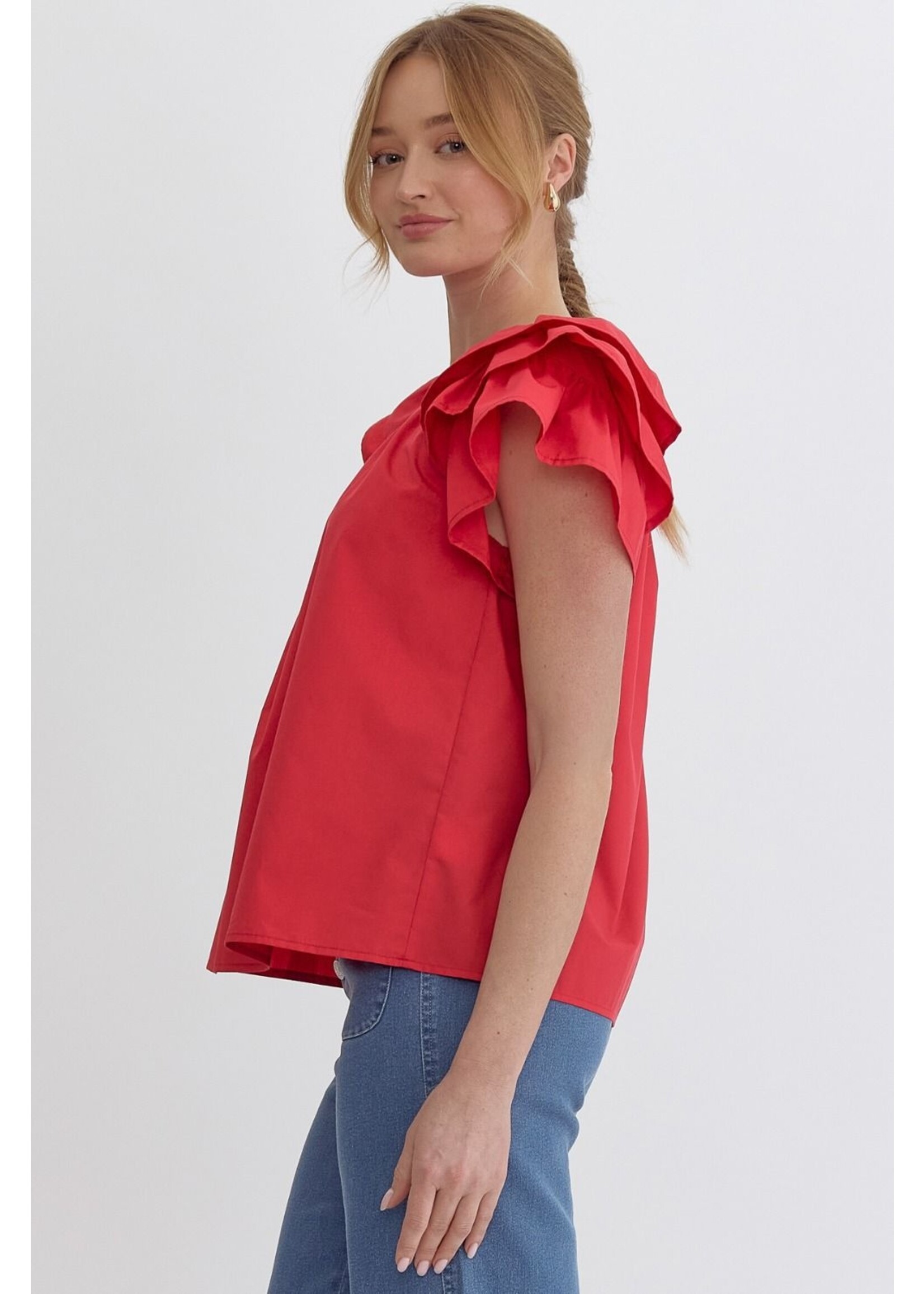 Entro Solid round neck ruffle sleeve top