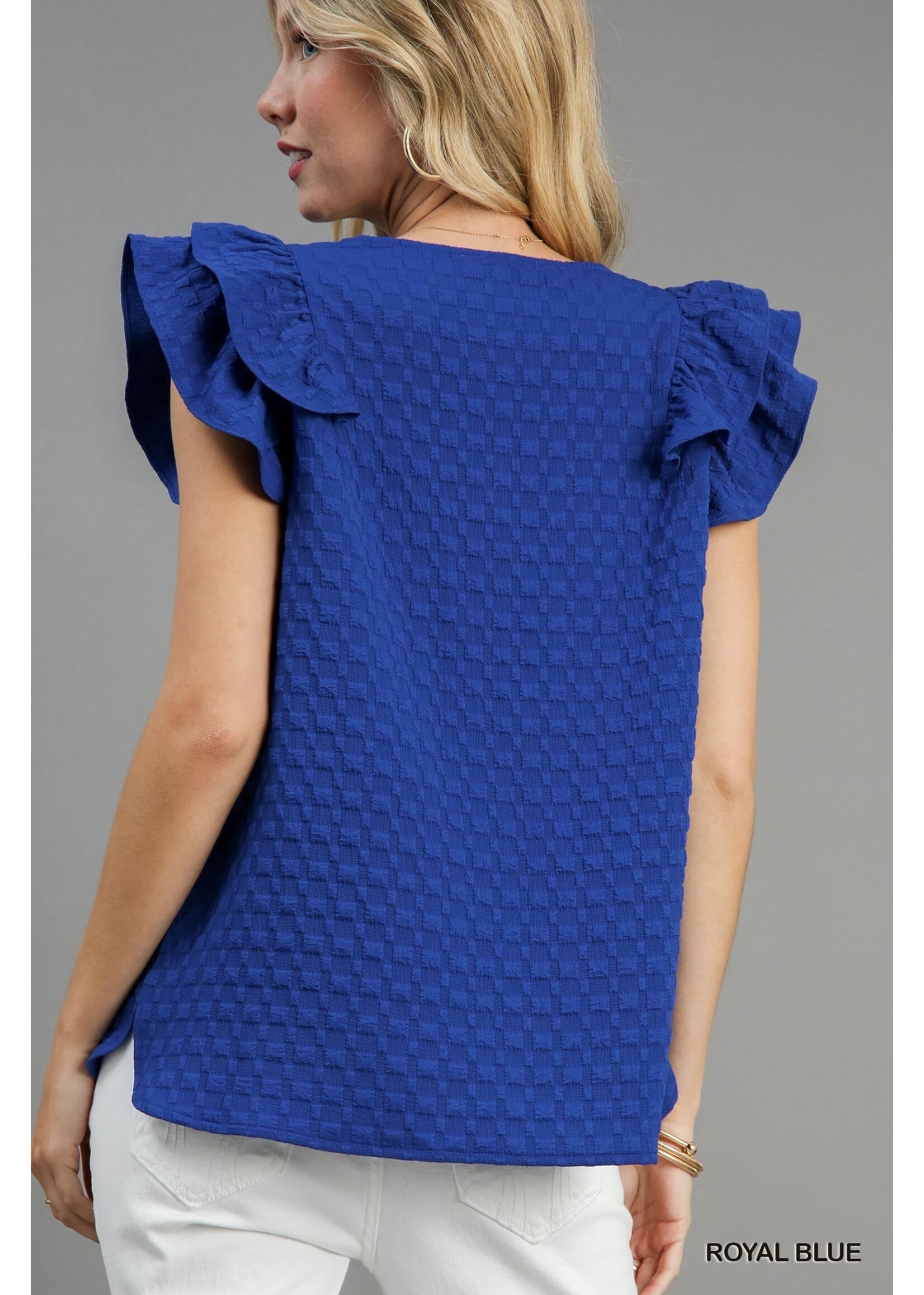 Umgee Jacquard V-Neck Top with Ruffle Sleeves