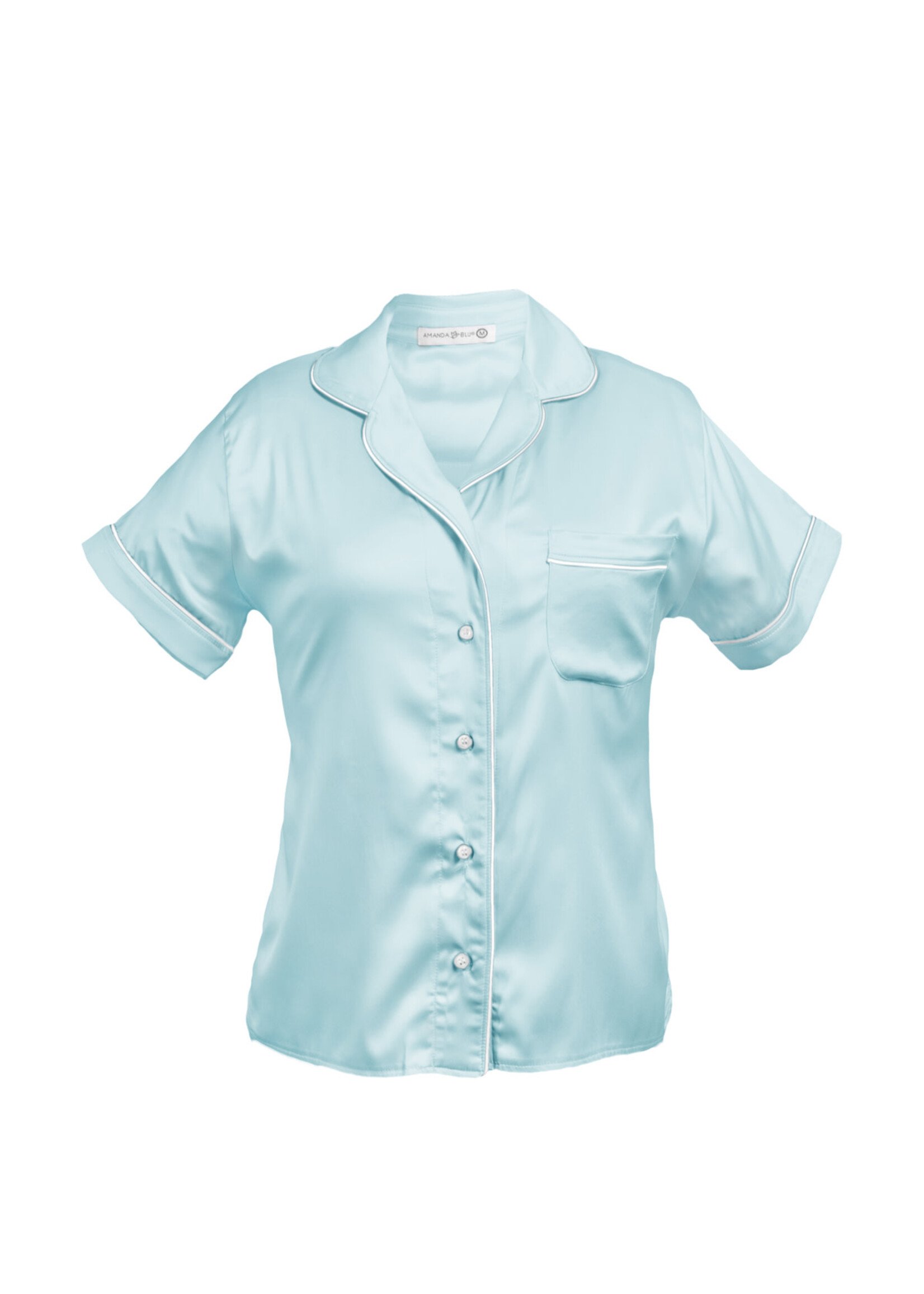 Amanda Blue Sea Glass Satin Notch Collar Top