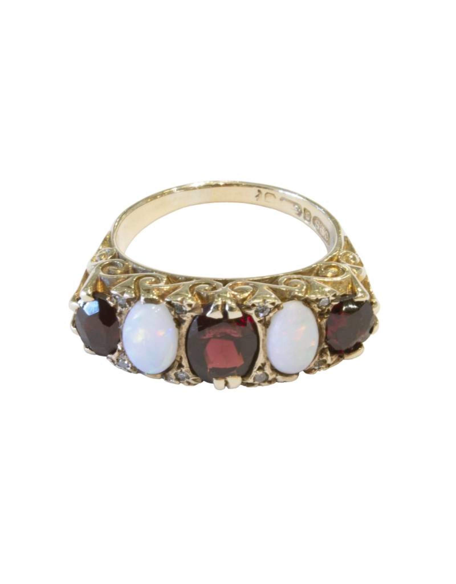 Antique Five Stone 9 Ct. Gold Ring - Opal + Garnet - Size 6 (~1900)