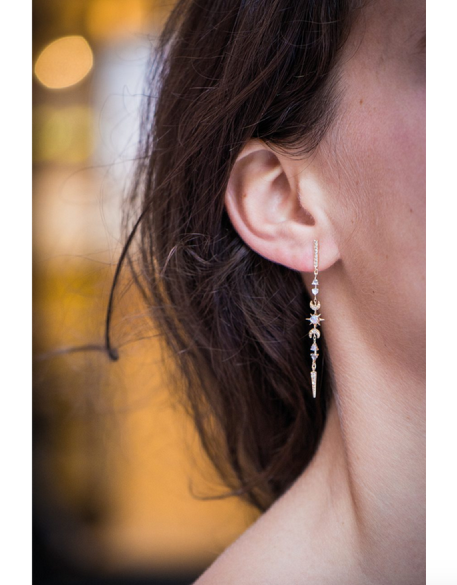 Celine Daoust Moon + Sun Long Chain Earrings - Moonstones + Diamonds
