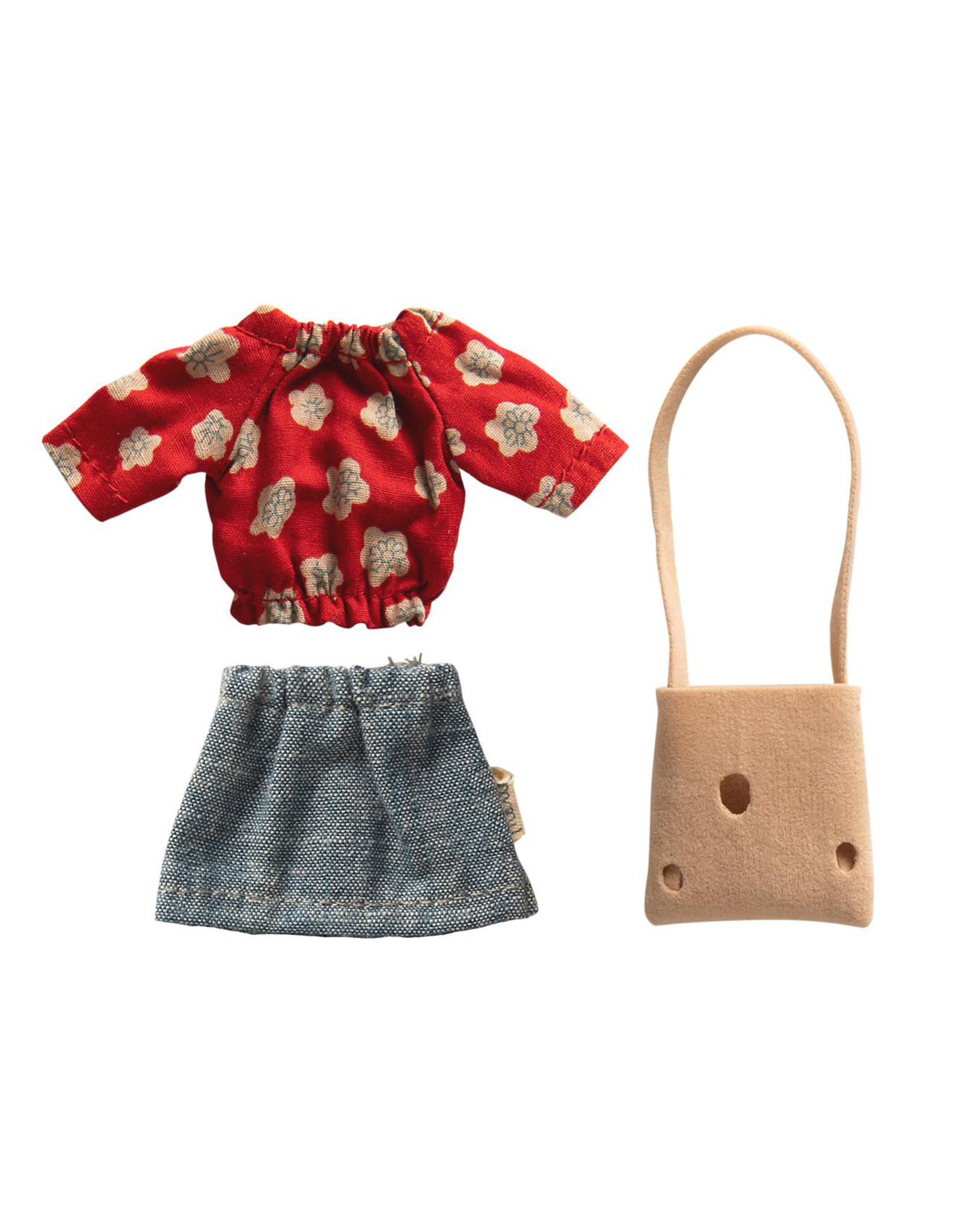 Maileg Mum Outfit - Red Floral Top + Denim Skirt