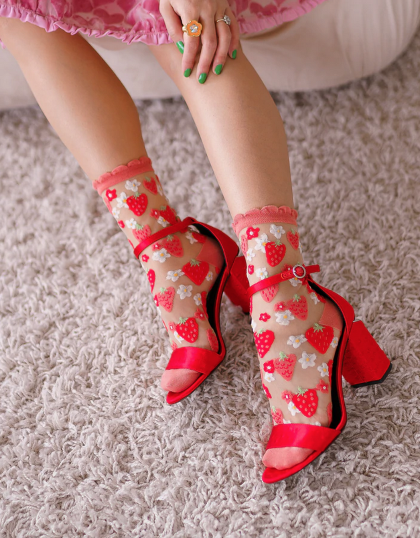 Sock Candy Strawberry Daisy Ruffle Sheer Crew Socks