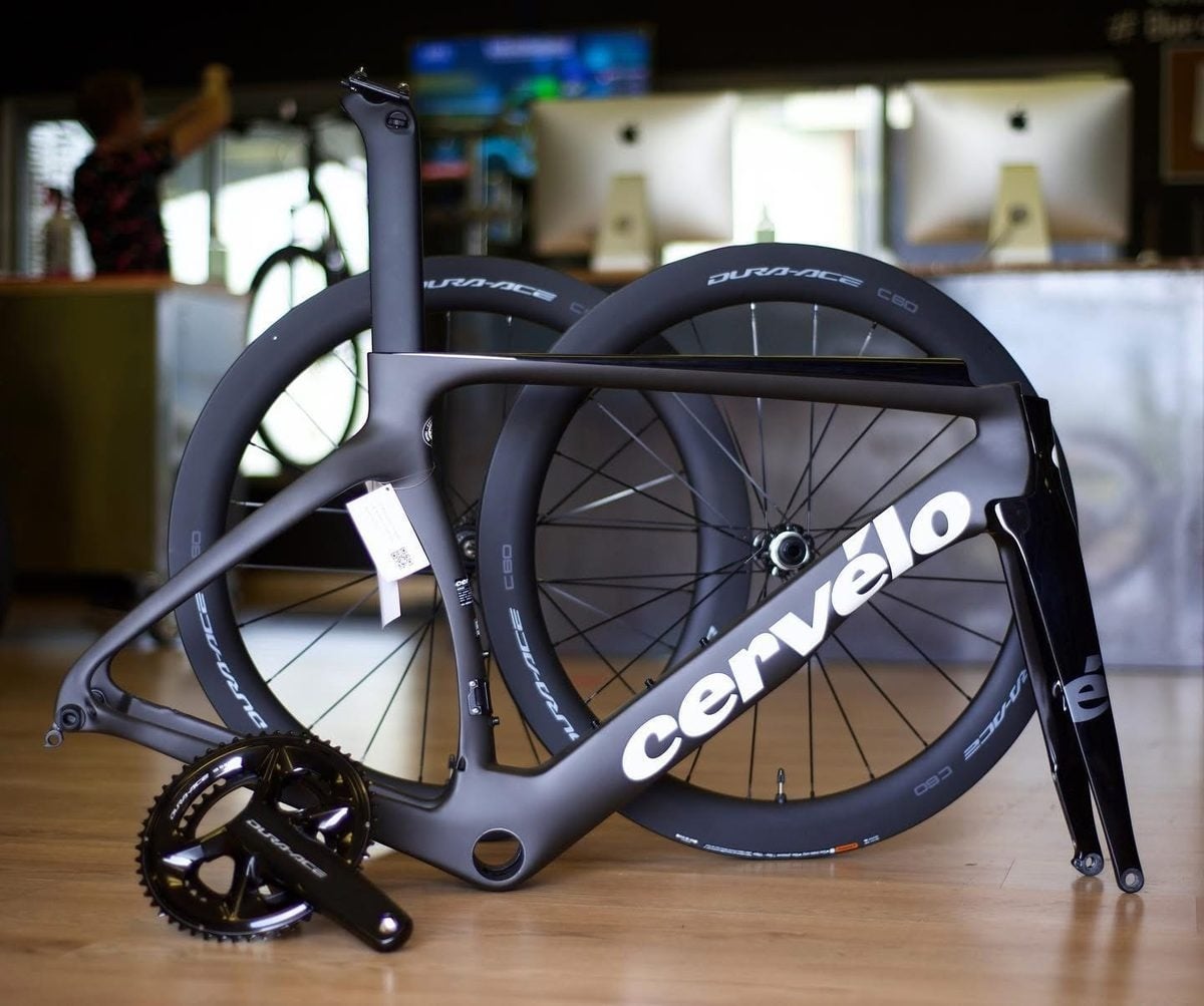 Black Cervélo S5 frameset with Dura-Ace wheels and crankset
