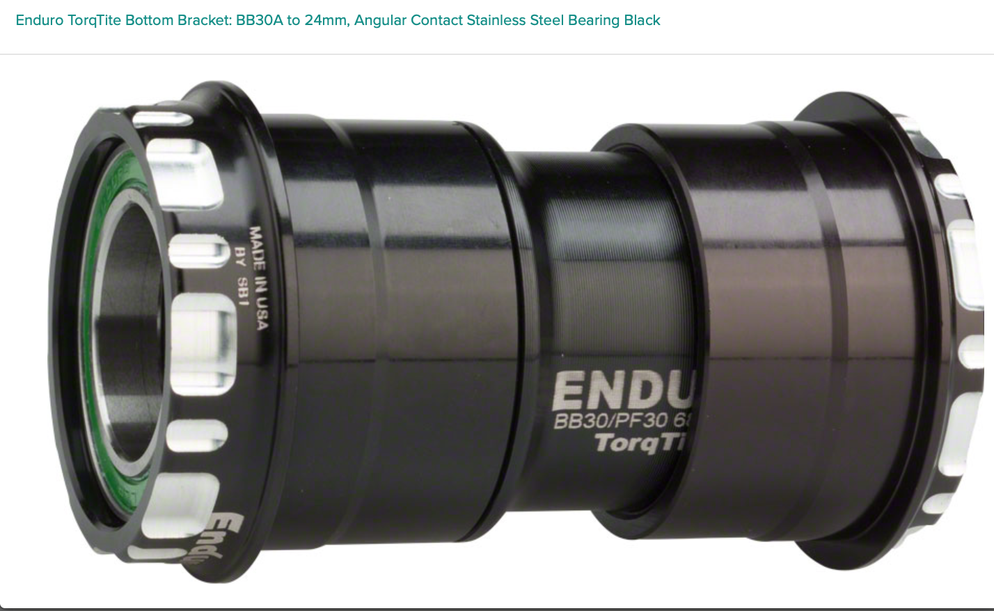 Enduro Enduro TorqTite Bottom Bracket: BB30A to 24mm, Angular Contact Stainless Steel Bearing Black
