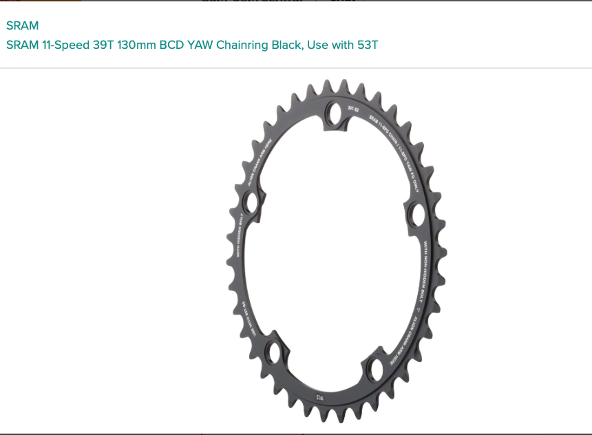 SRAM SRAM 11-Speed 39T 130mm BCD YAW Chainring Black, Use with 53T