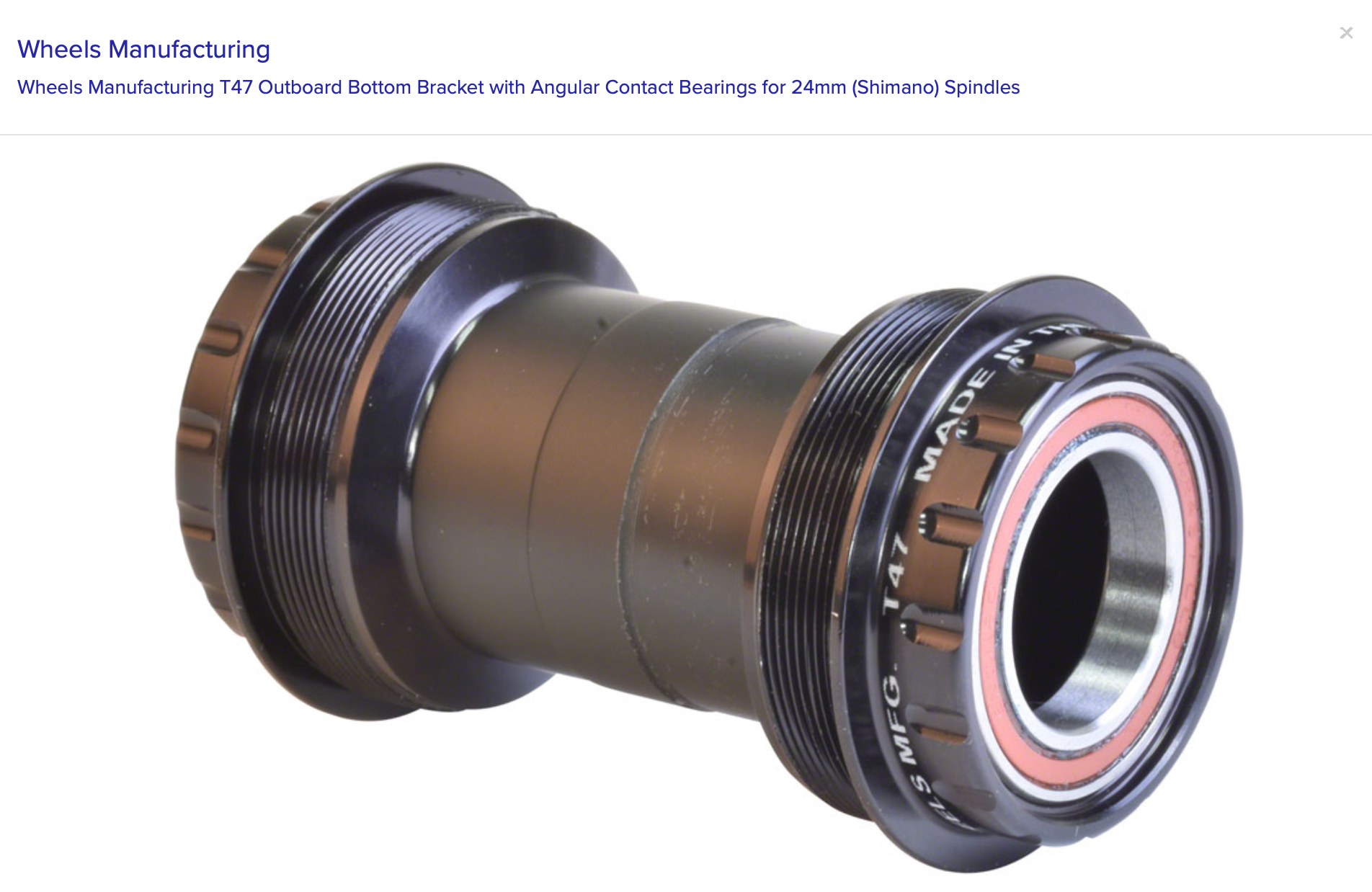 Wheels Manufacturing Wheels Manufacturing T47 Outboard Bottom Bracket with Angular Contact Bearings for 24mm (Shimano) Spindles