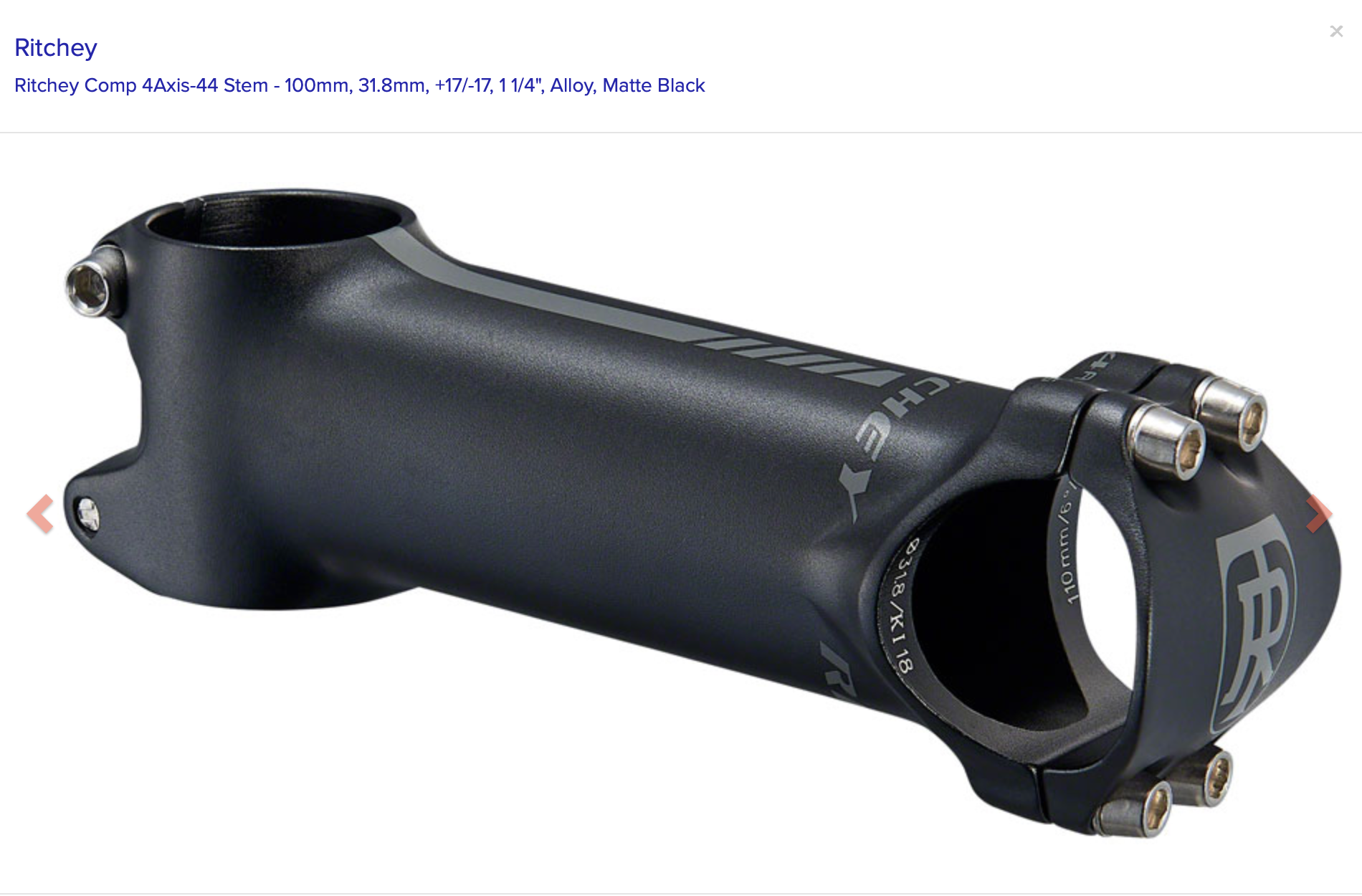 Ritchey Ritchey Comp 4Axis-44 Stem - 100mm, 31.8mm, +17/-17, 1 1/4", Alloy, Matte Black