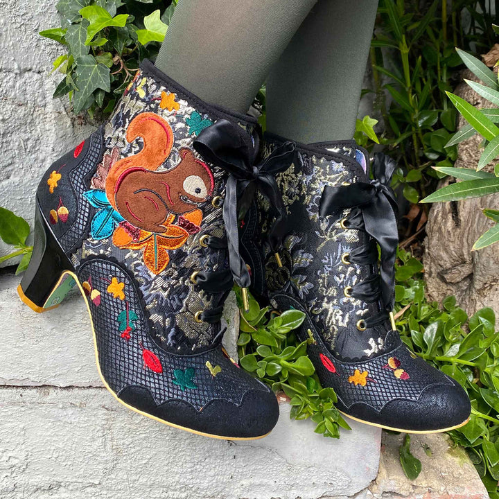 Irregular Choice Sleepy Squirrel Chunky Ankle Boots in Black