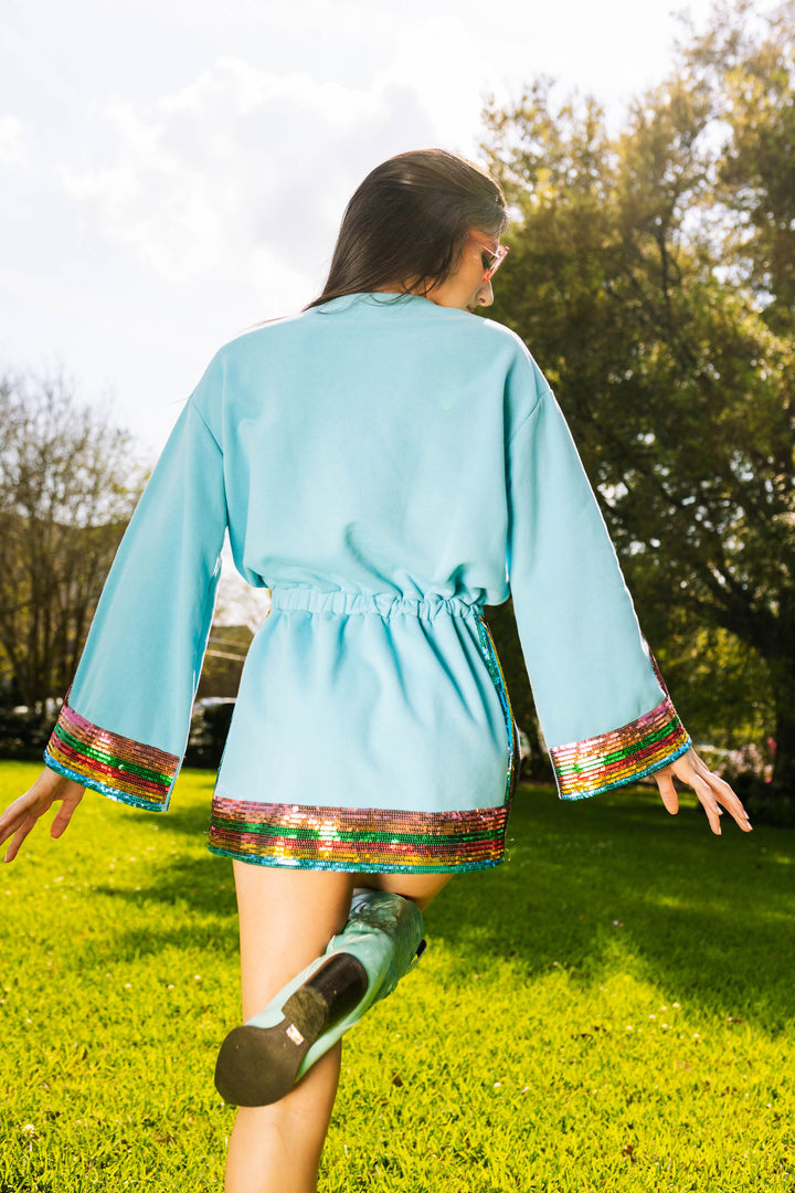 Queen of Sparkles Teal Rainbow Sequin Stripe Dress