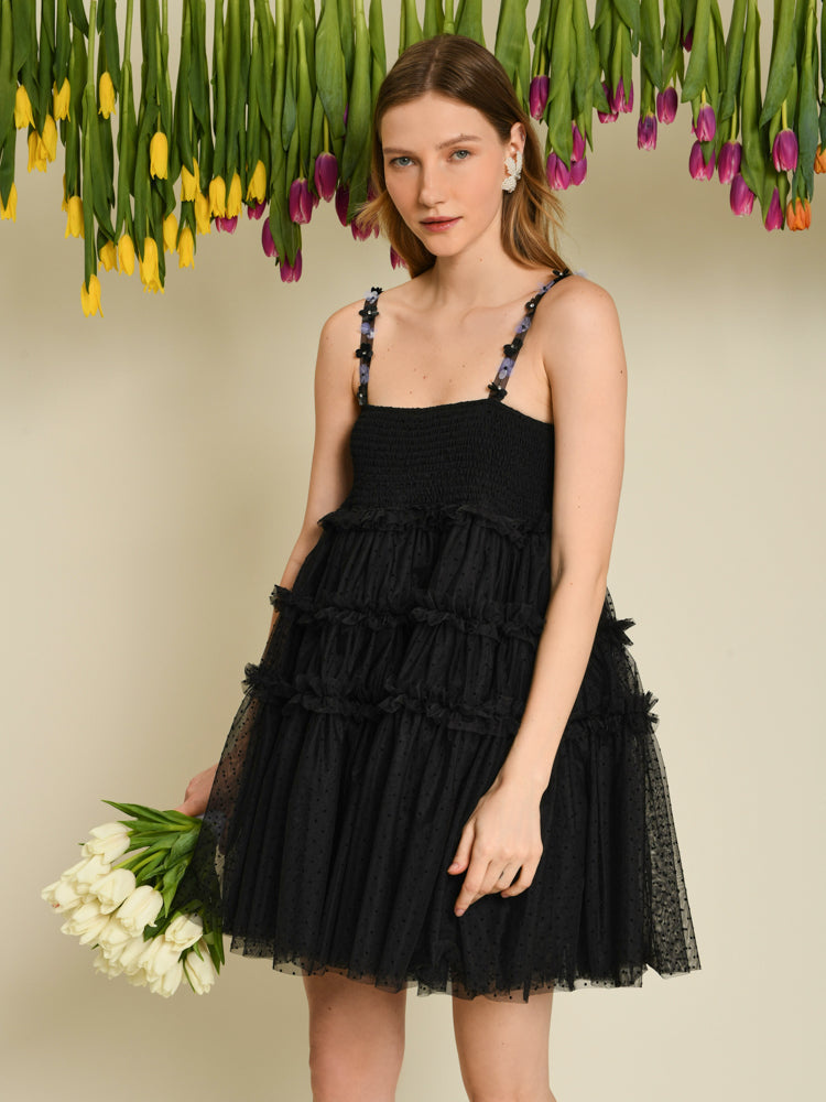 Sofie Spot Tulle Mini Dress - Black