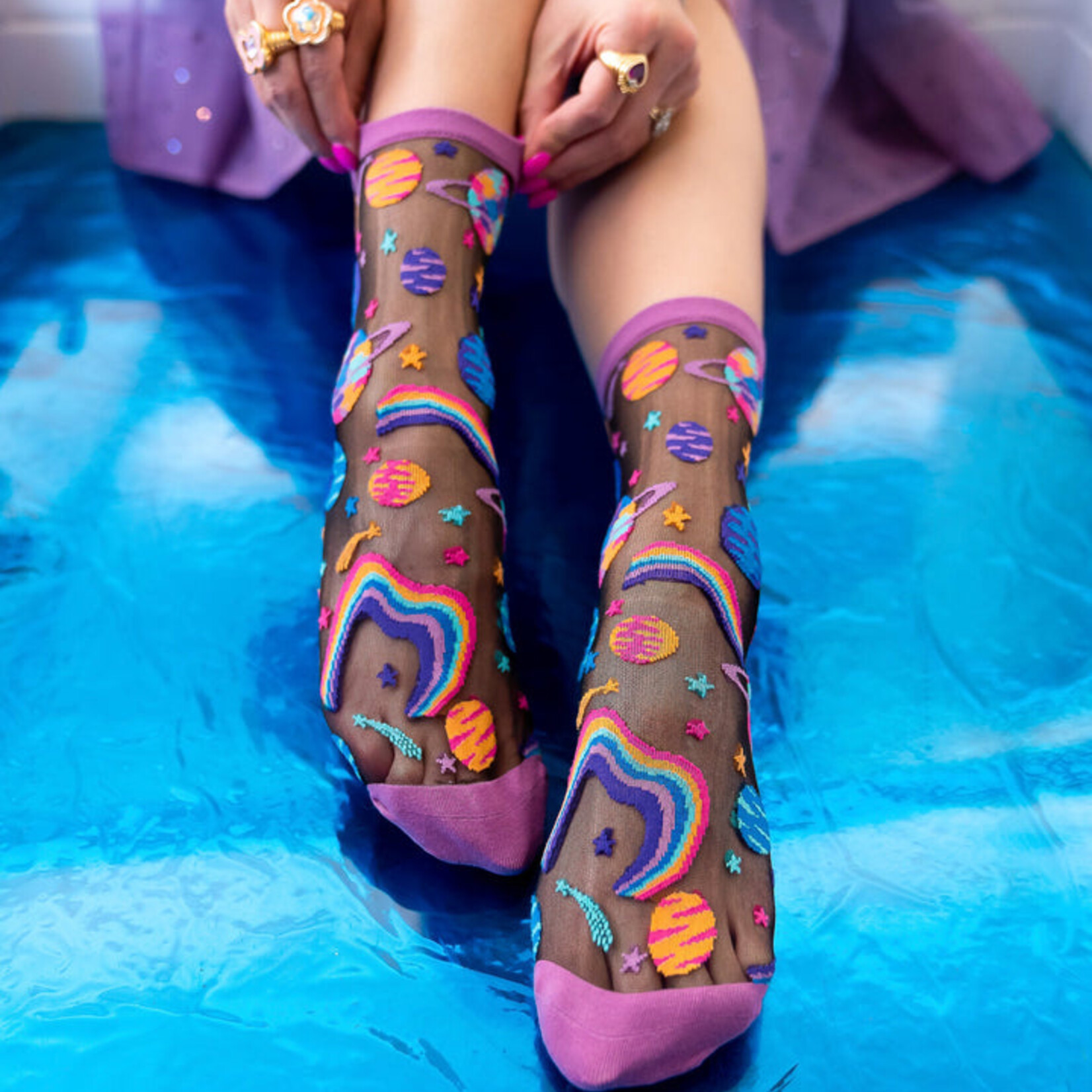 Pop Art Planets Black Sheer Crew Sock