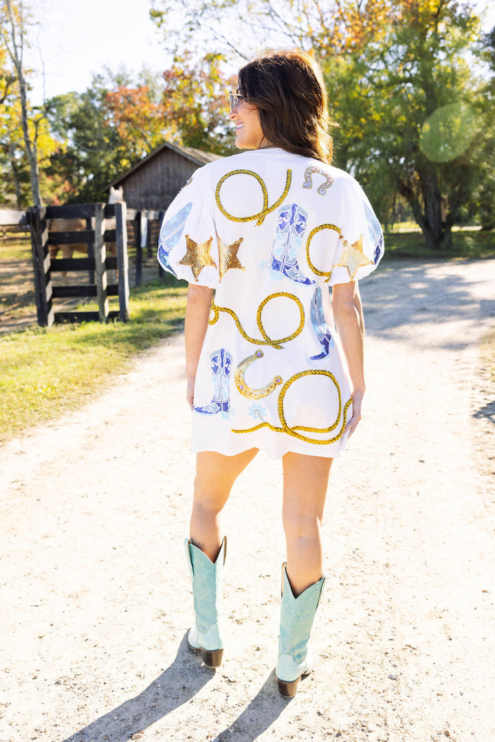 Queen of Sparkles White Cowgirl Icon Poof Sleeve Dress