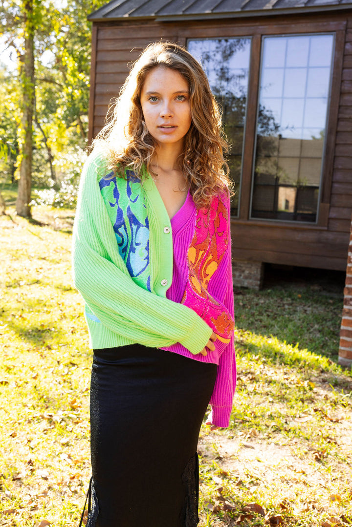 Queen of Sparkles Green and Purple Colorblock Boot Cardigan