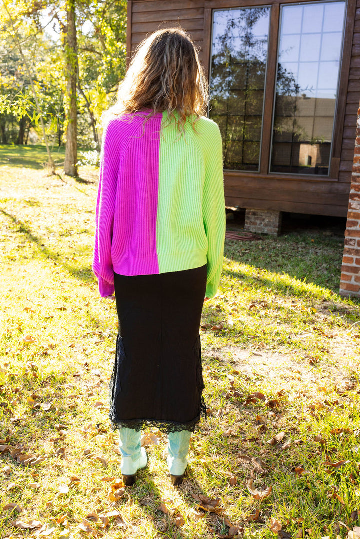 Queen of Sparkles Green and Purple Colorblock Boot Cardigan
