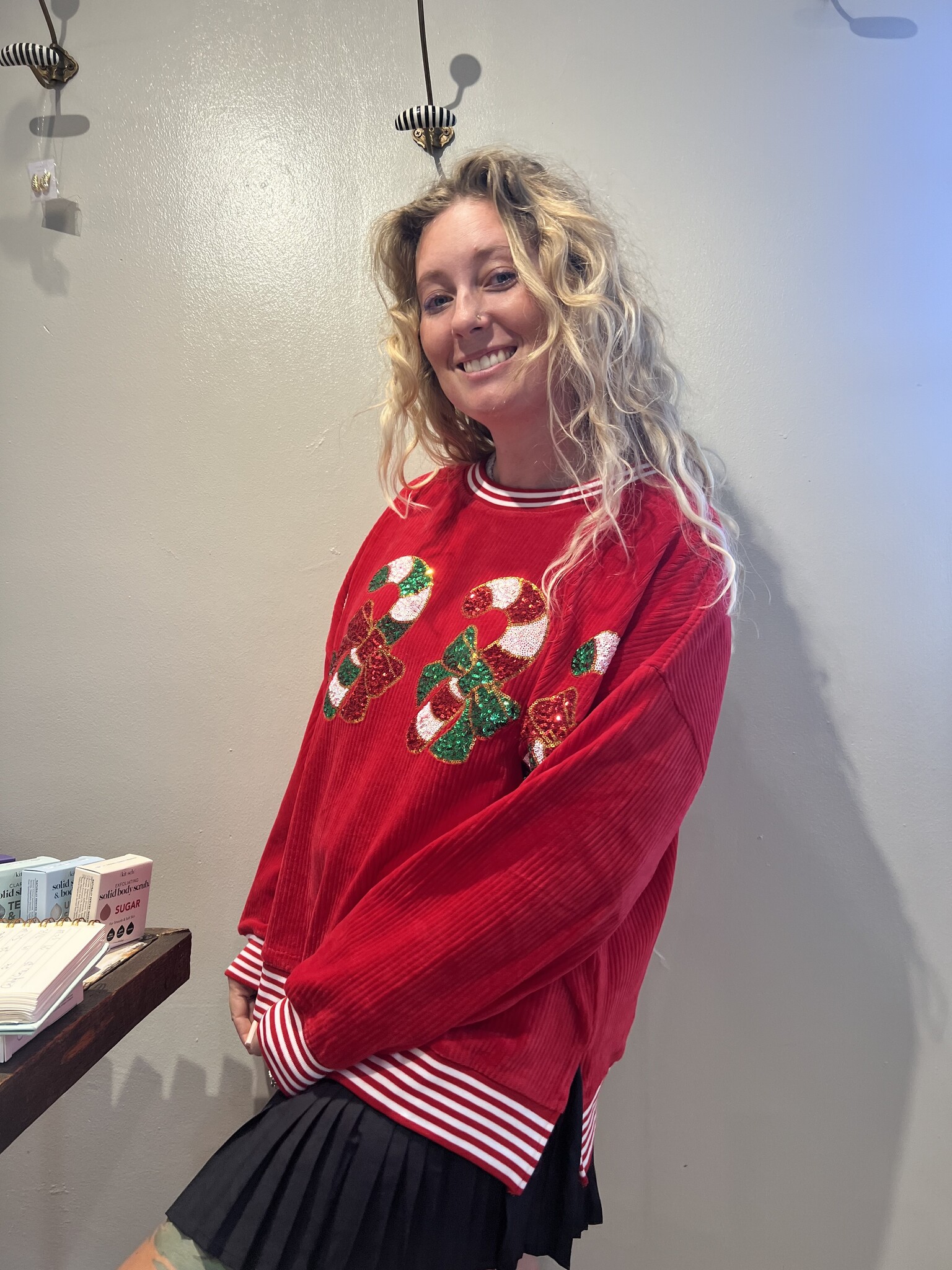 Peach Love California Candy Cane Sequin Sweater