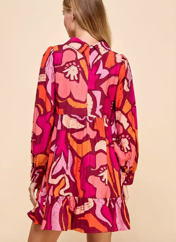 Burgundy Abstract Printed Ruffle Hem Dress