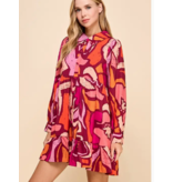 Burgundy Abstract Printed Ruffle Hem Dress
