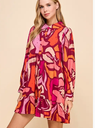 Burgundy Abstract Printed Ruffle Hem Dress