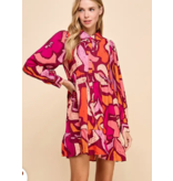 Burgundy Abstract Printed Ruffle Hem Dress