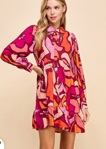 Burgundy Abstract Printed Ruffle Hem Dress