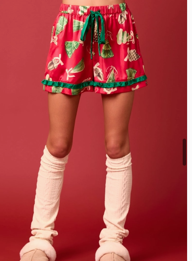 Peach Love California Satin Christmas Check Prints Pajama Set