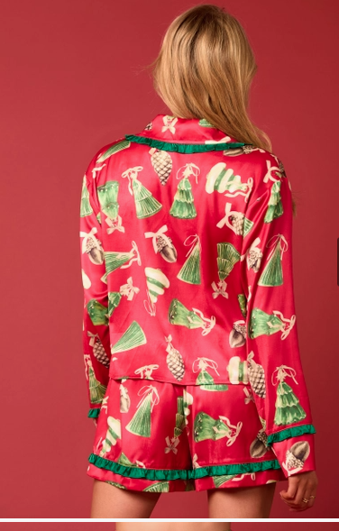 Peach Love California Satin Christmas Check Prints Pajama Set