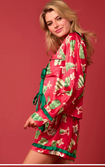 Peach Love California Satin Christmas Check Prints Pajama Set