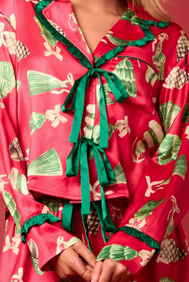 Peach Love California Satin Christmas Check Prints Pajama Set