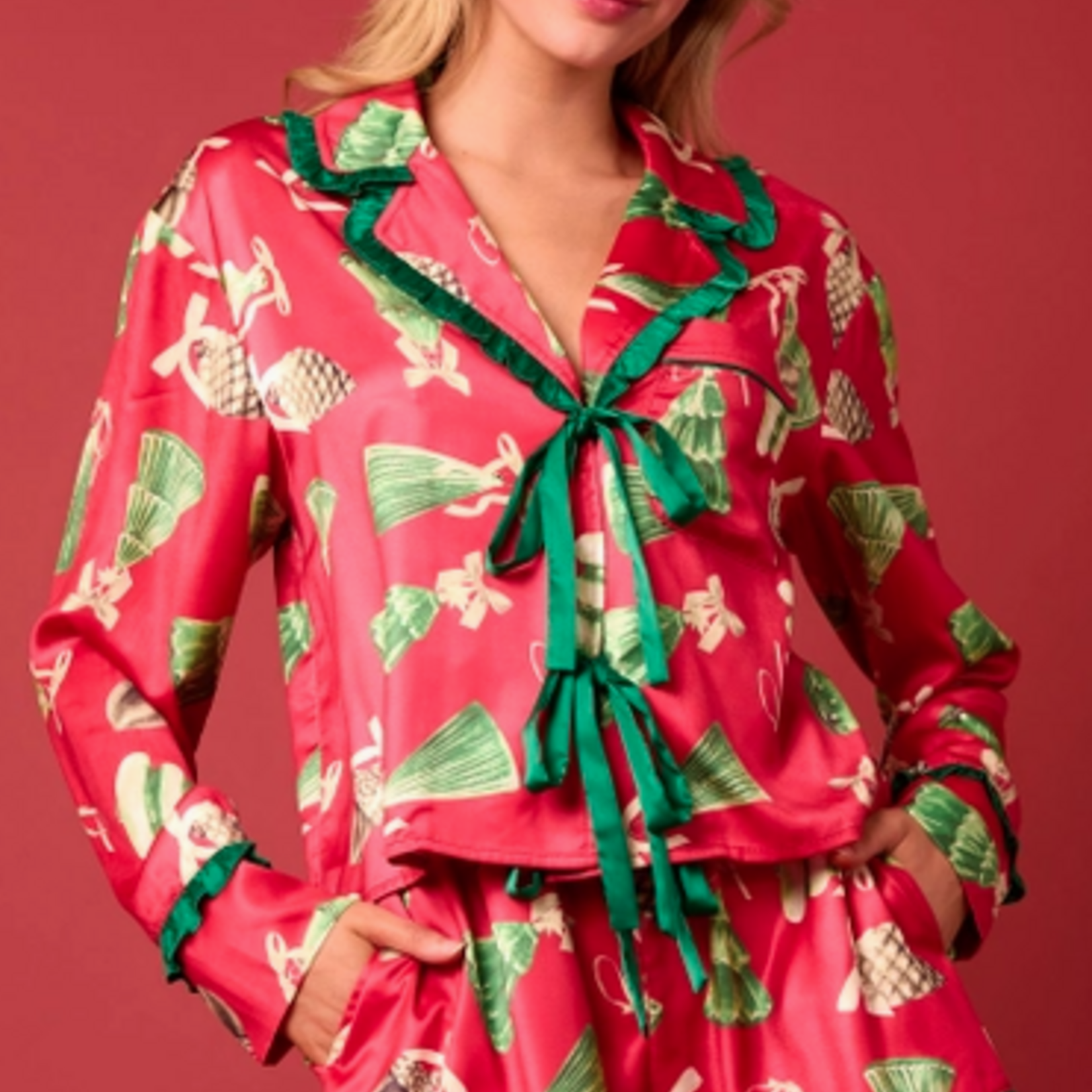 Satin Christmas Check Prints Pajama Set