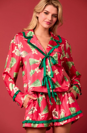 Peach Love California Satin Christmas Check Prints Pajama Set