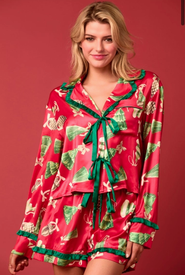 Satin Christmas Check Prints Pajama Set