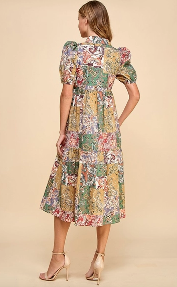 Patchwork Print Collared Midi Dress