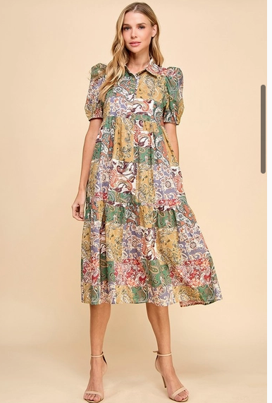 TCEC Patchwork Print Collared Midi Dress